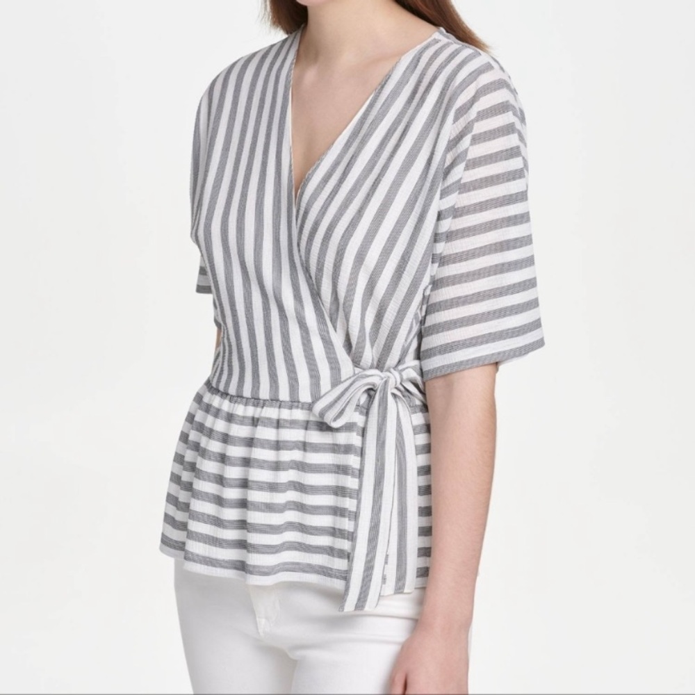 DKNY Women's Black White Striped Faux Wrap Top Blouse Size s